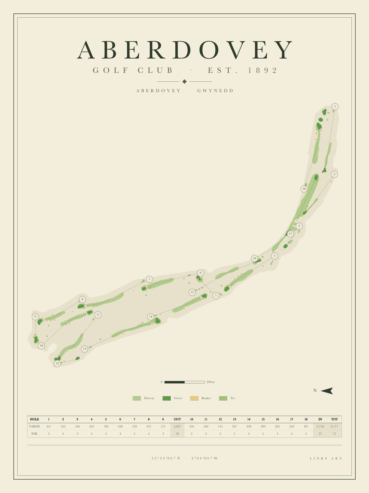 Aberdovey golf course map poster, portrait