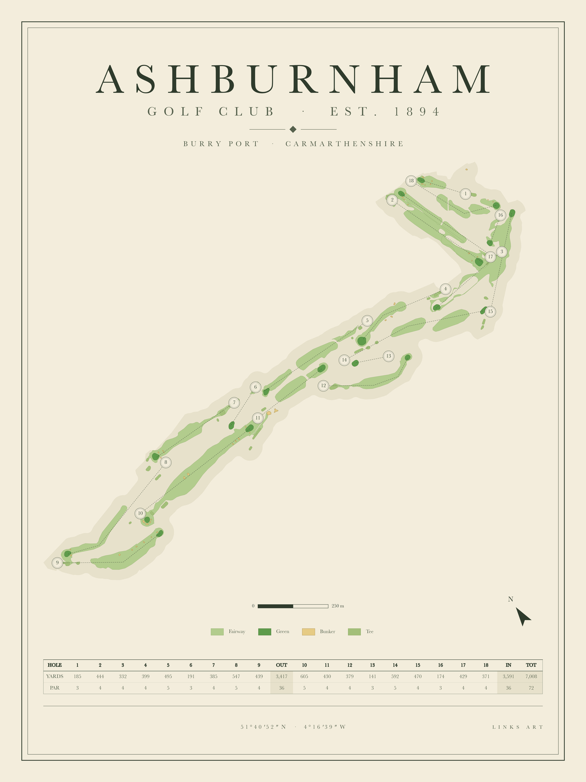 Ashburnham golf course map poster, portrait