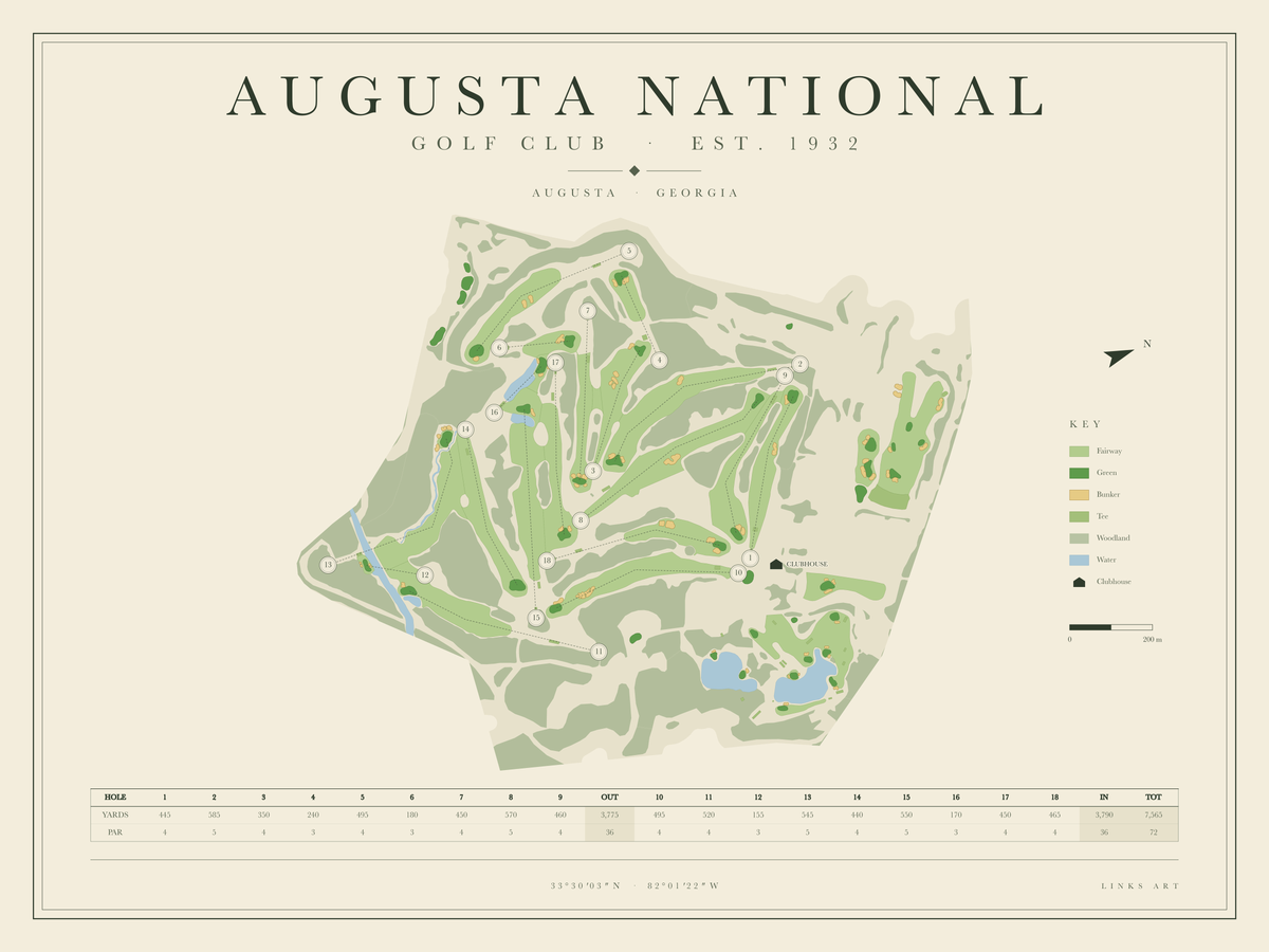 Augusta National golf course map poster, landscape