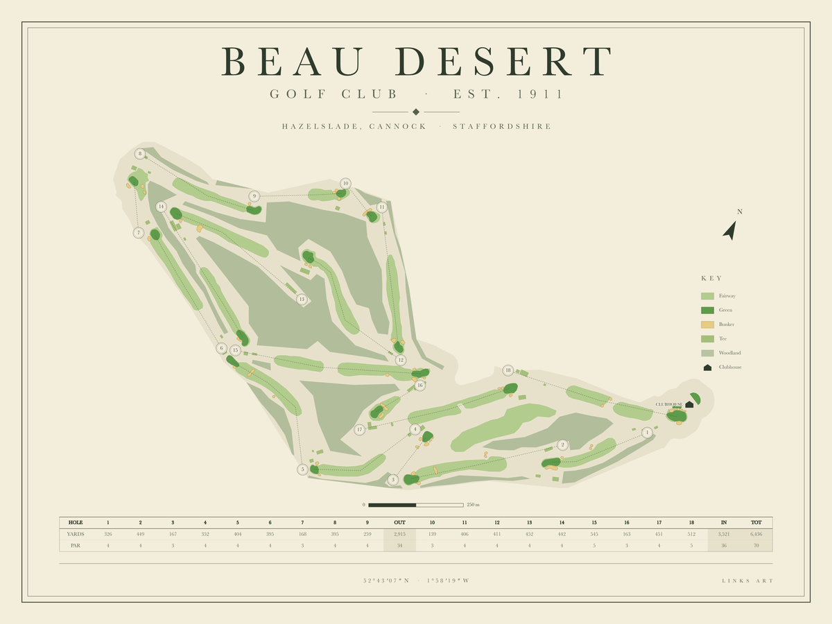 Beau Desert golf course map poster, landscape