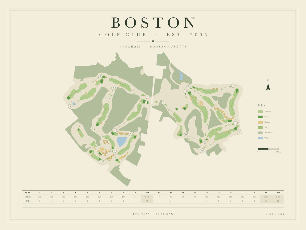 Boston golf course map poster, landscape