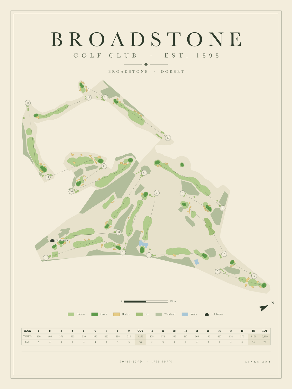 Broadstone golf course map poster, portrait