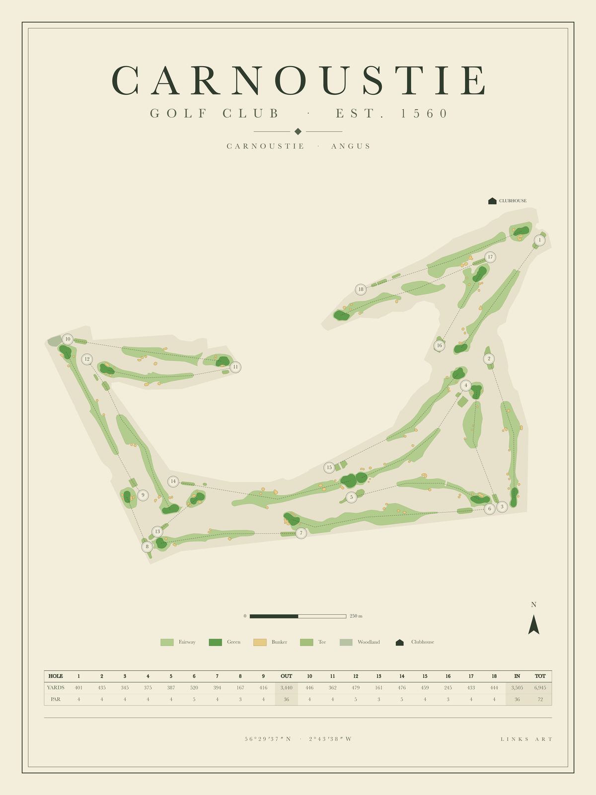 Carnoustie golf course map poster, portrait