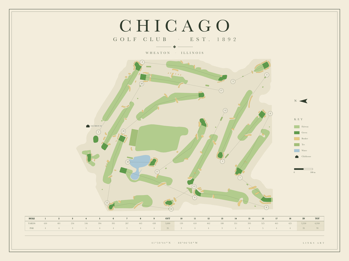 Chicago golf course map poster, landscape