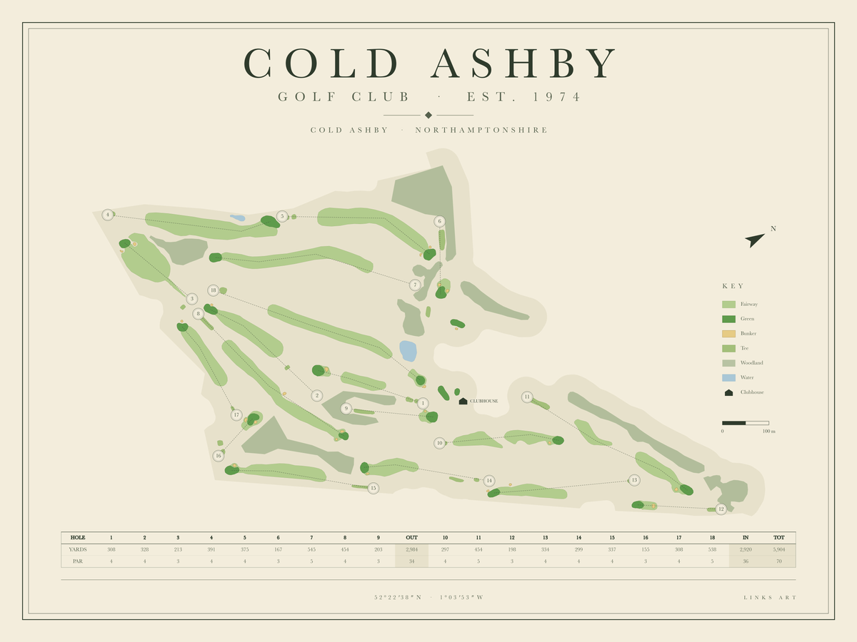 Cold Ashby golf course map poster, landscape