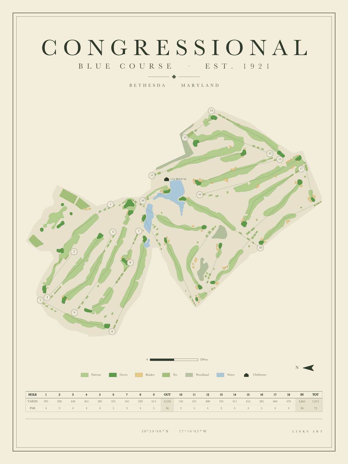 Congressional Blue Course golf course map poster, portrait