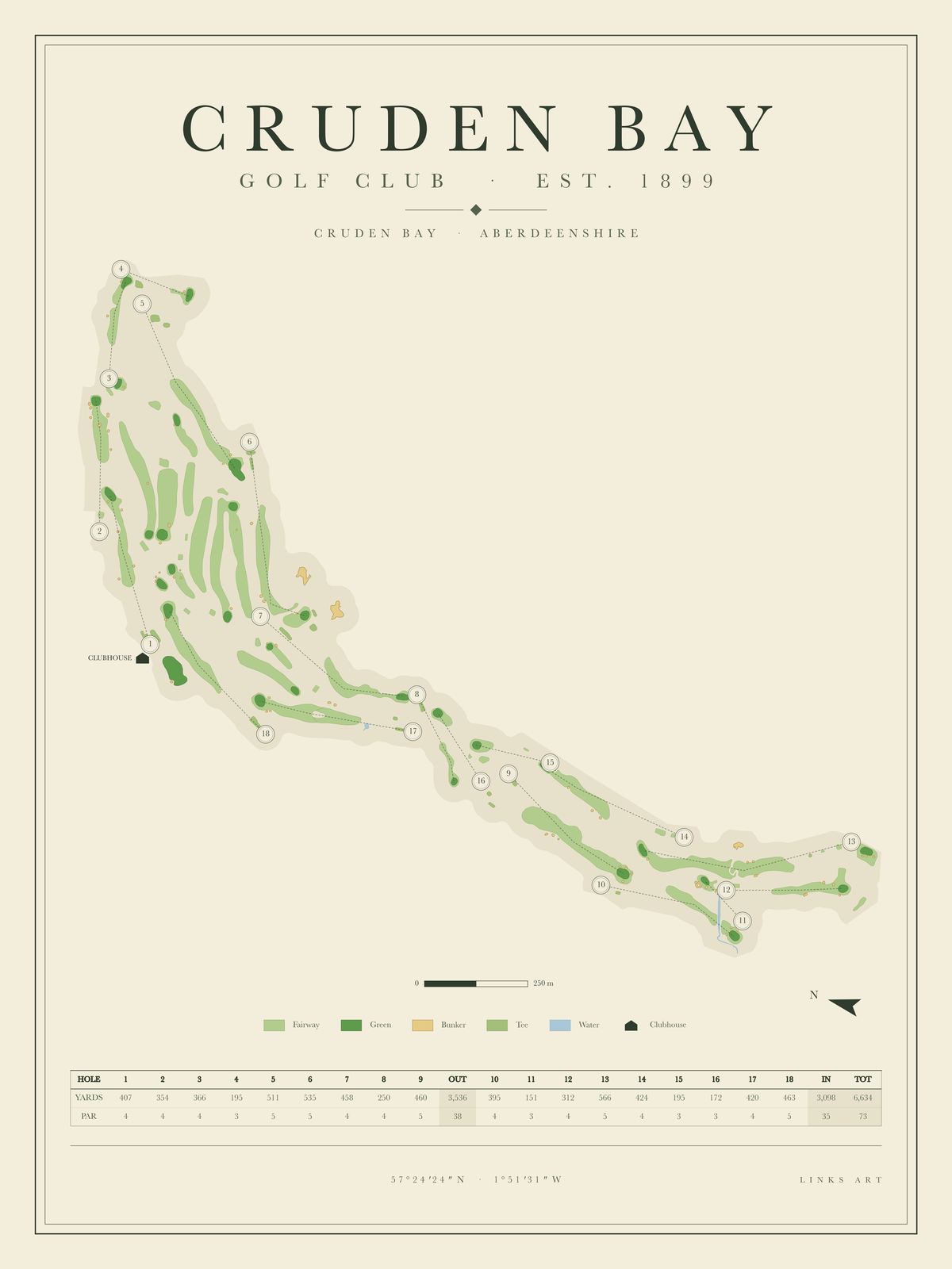 Cruden Bay golf course map poster, portrait