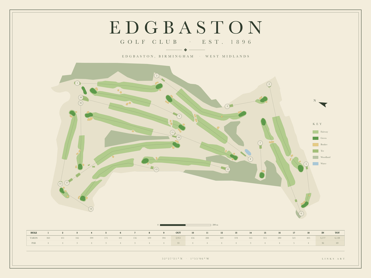 Edgbaston golf course map poster, landscape