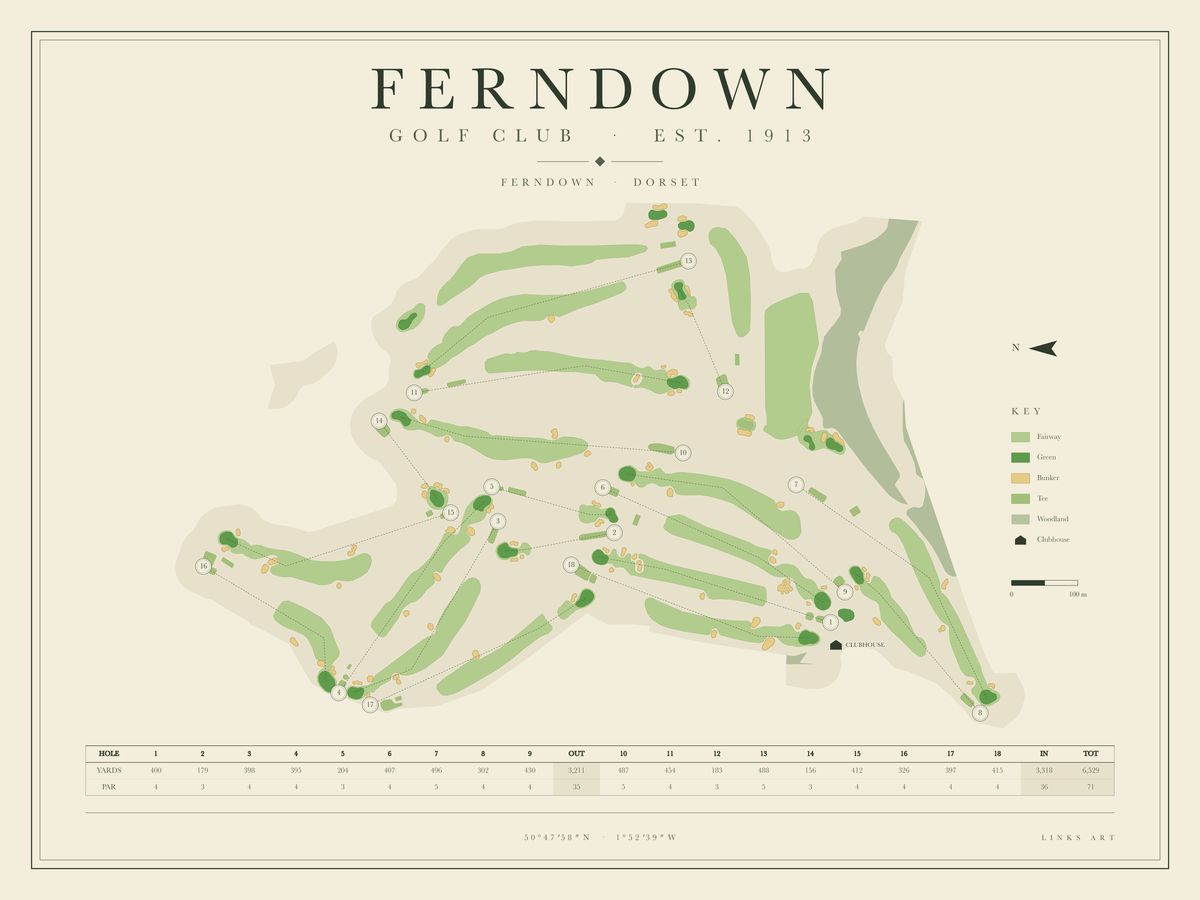 Ferndown golf course map poster, landscape