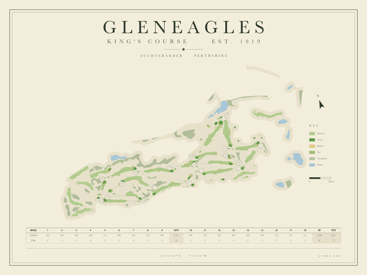 Gleneagles King's Course golf course map poster, landscape