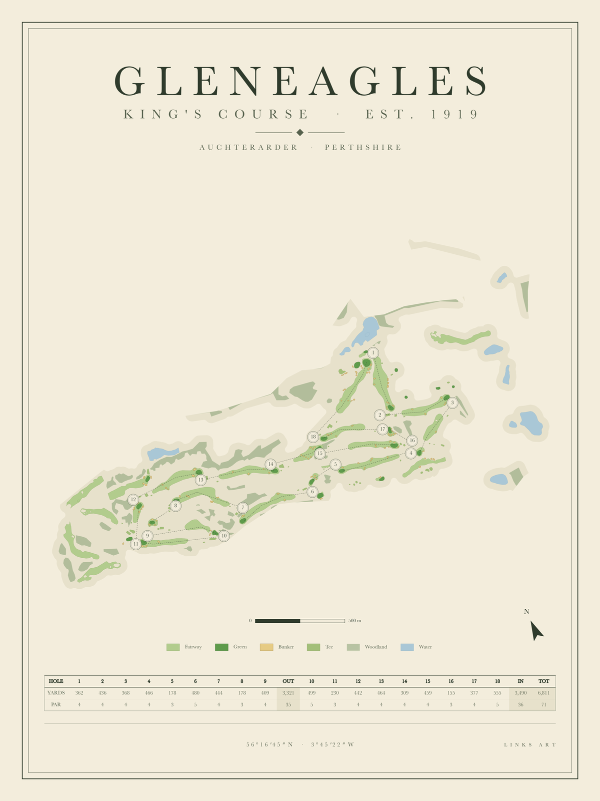 Gleneagles King's Course golf course map poster, portrait