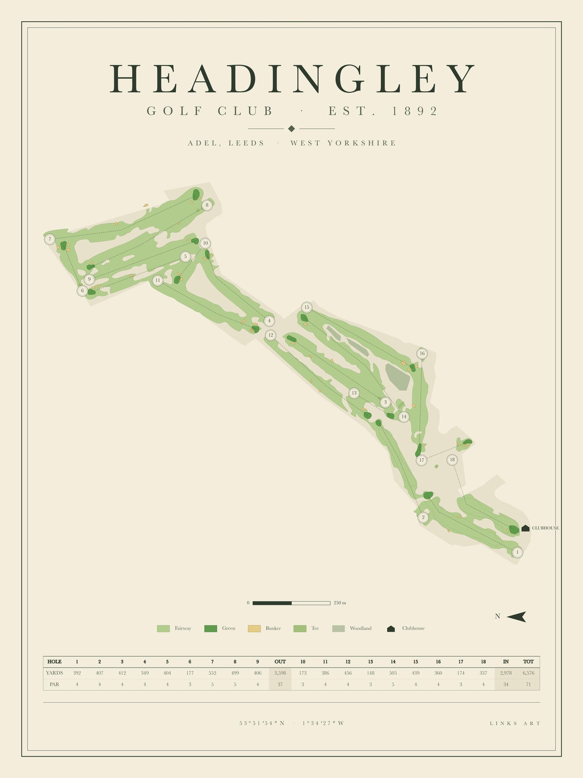 Headingley golf course map poster, portrait