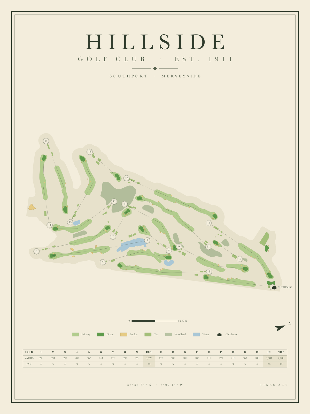 Hillside golf course map poster, portrait