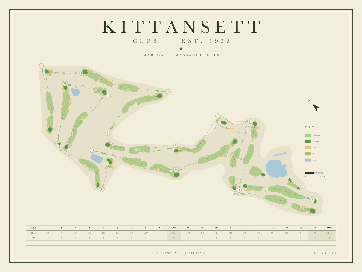 Kittansett golf course map poster, landscape