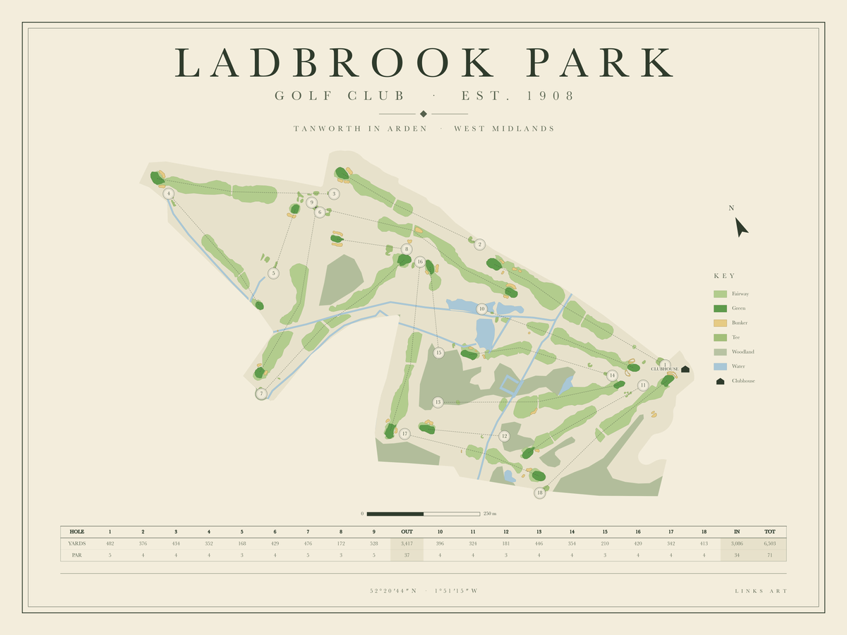 Ladbrook Park golf course map poster, landscape