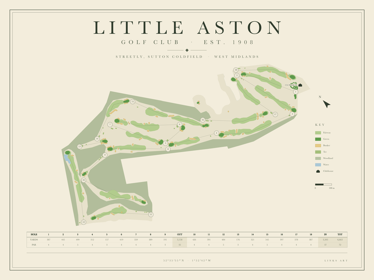 Little Aston golf course map poster, landscape