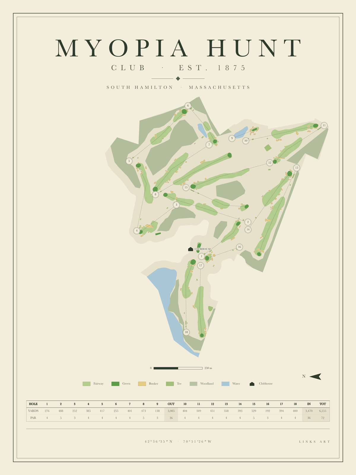 Myopia Hunt golf course map poster, portrait