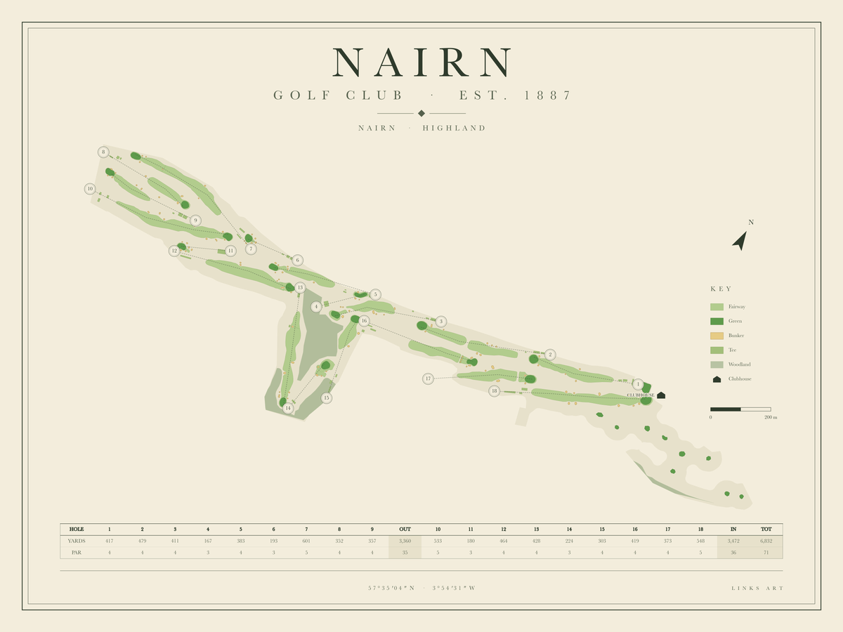 Nairn golf course map poster, landscape