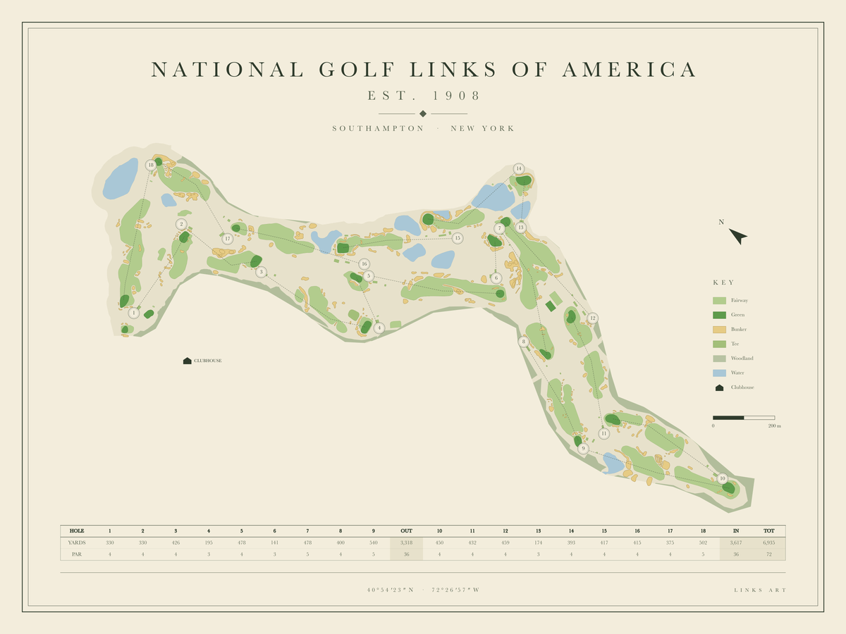 National Golf Links of America golf course map poster, landscape