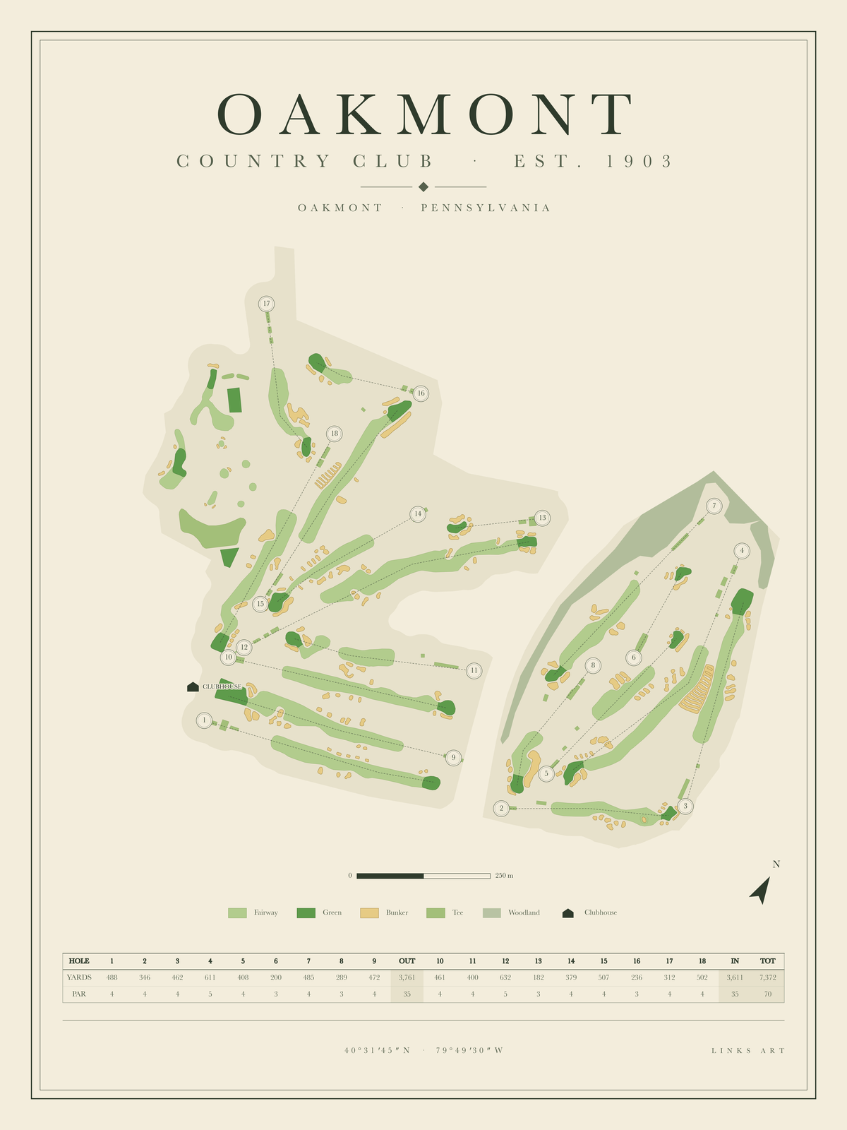 Oakmont golf course map poster, portrait