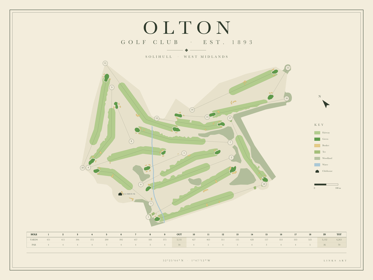 Olton golf course map poster, landscape