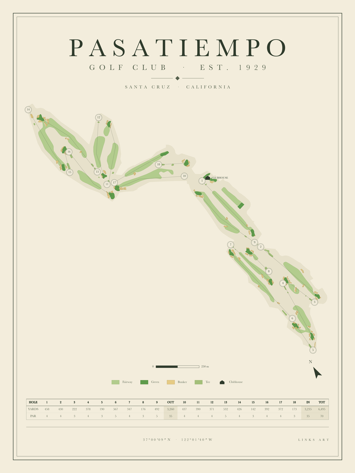 Pasatiempo golf course map poster, portrait