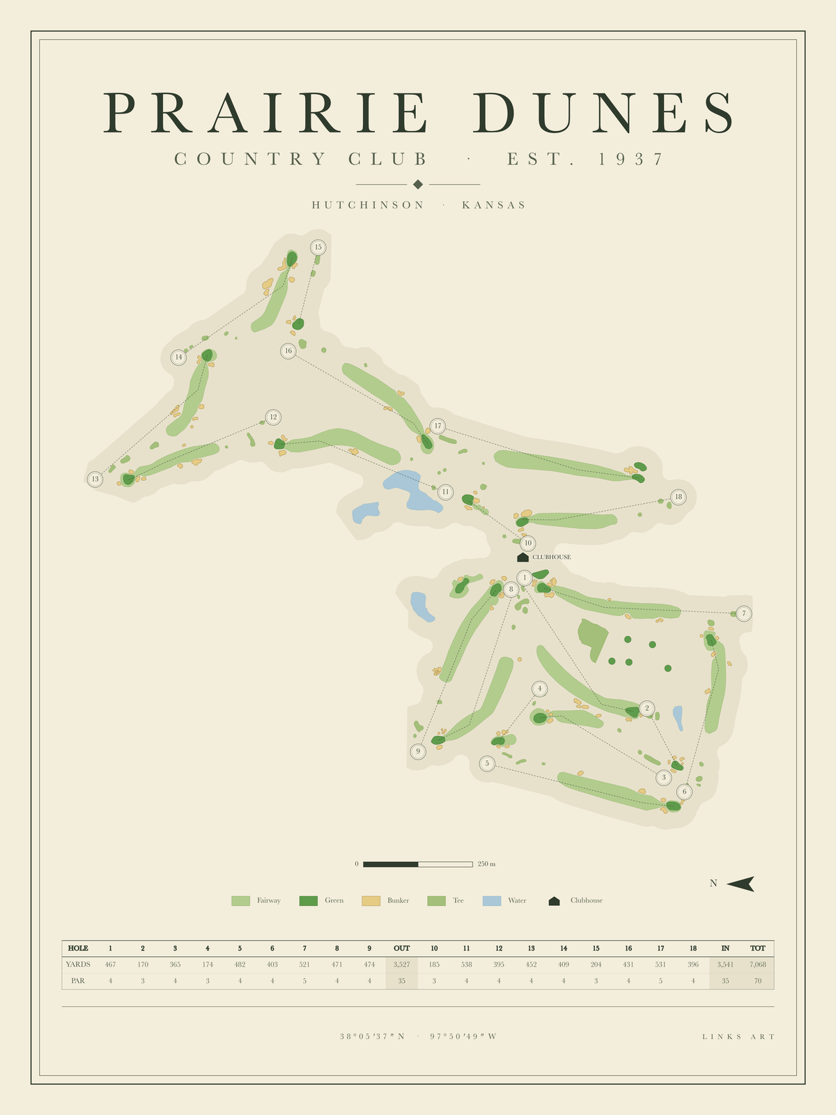 Prairie Dunes golf course map poster, portrait