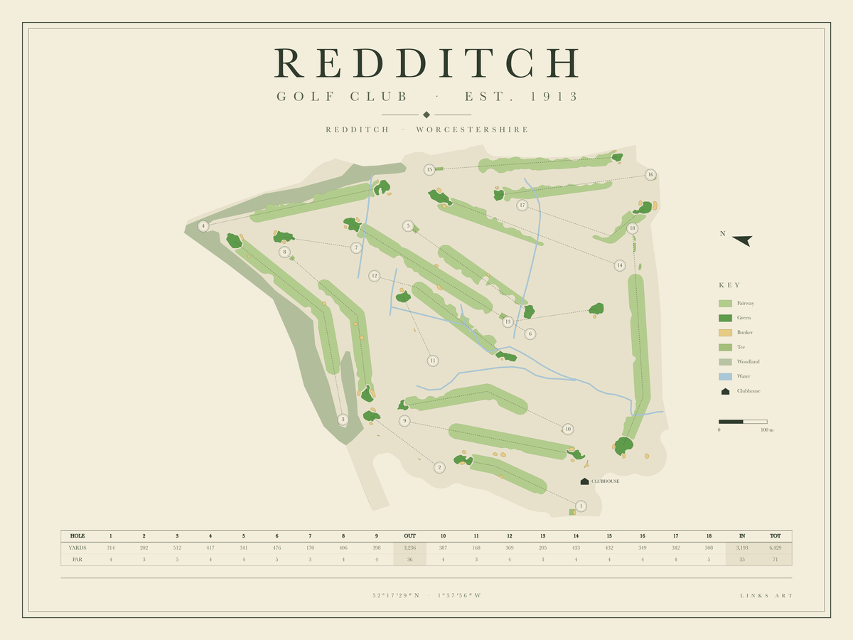 Redditch golf course map poster, landscape
