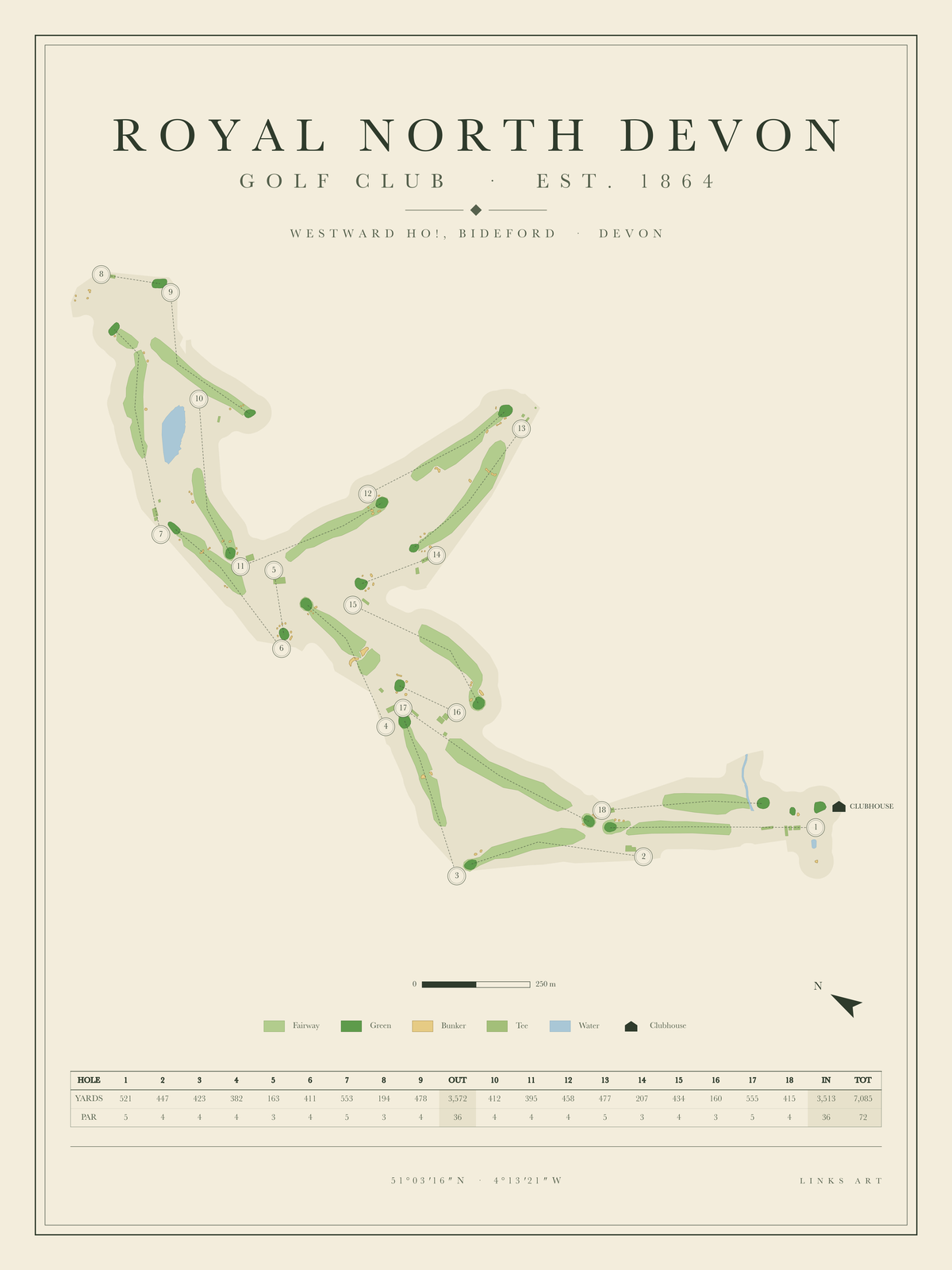 Royal North Devon golf course map poster, portrait