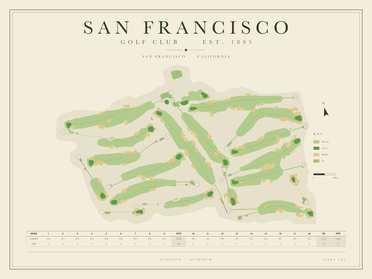 San Francisco golf course map poster, landscape