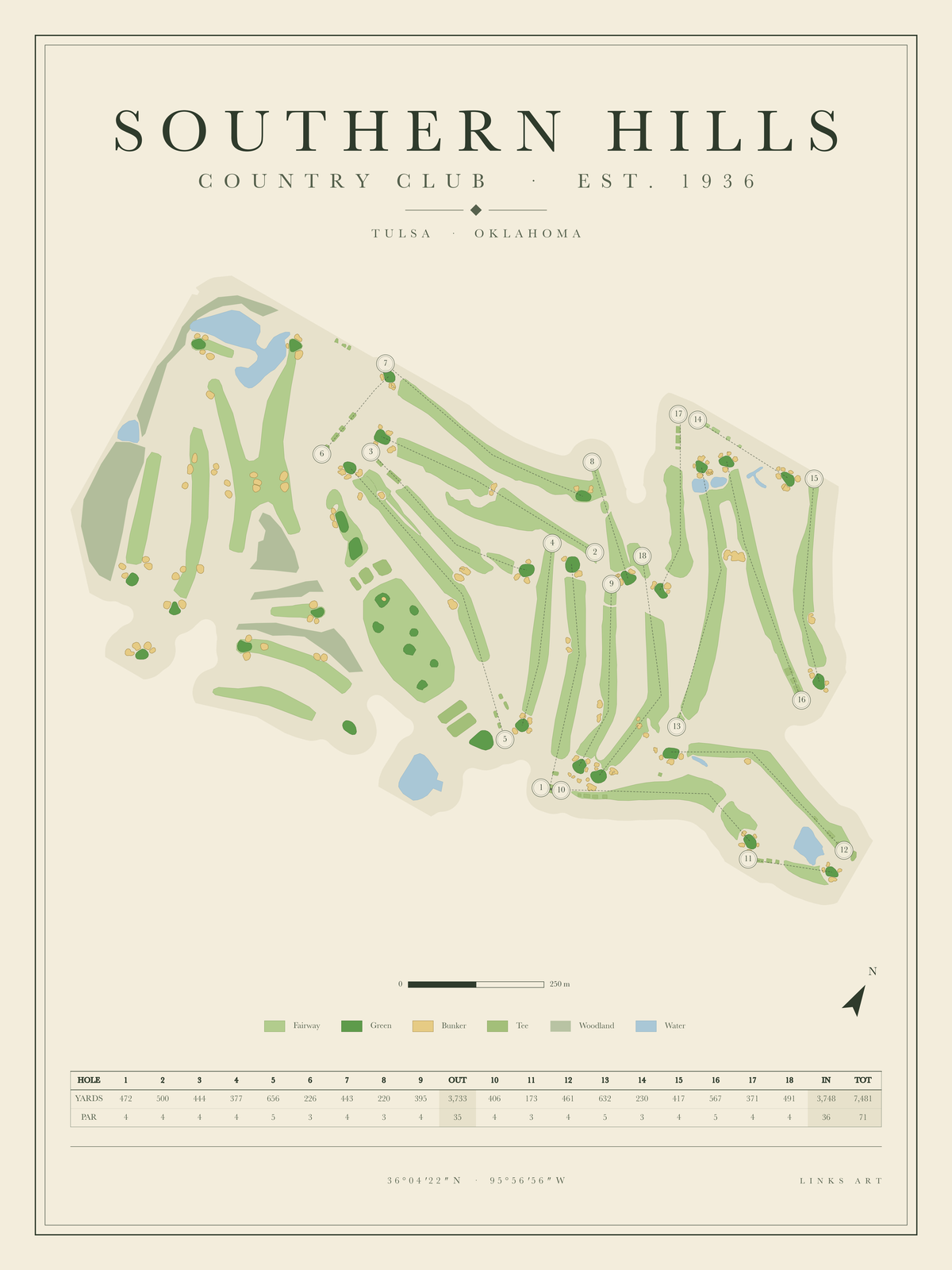 Southern Hills golf course map poster, portrait