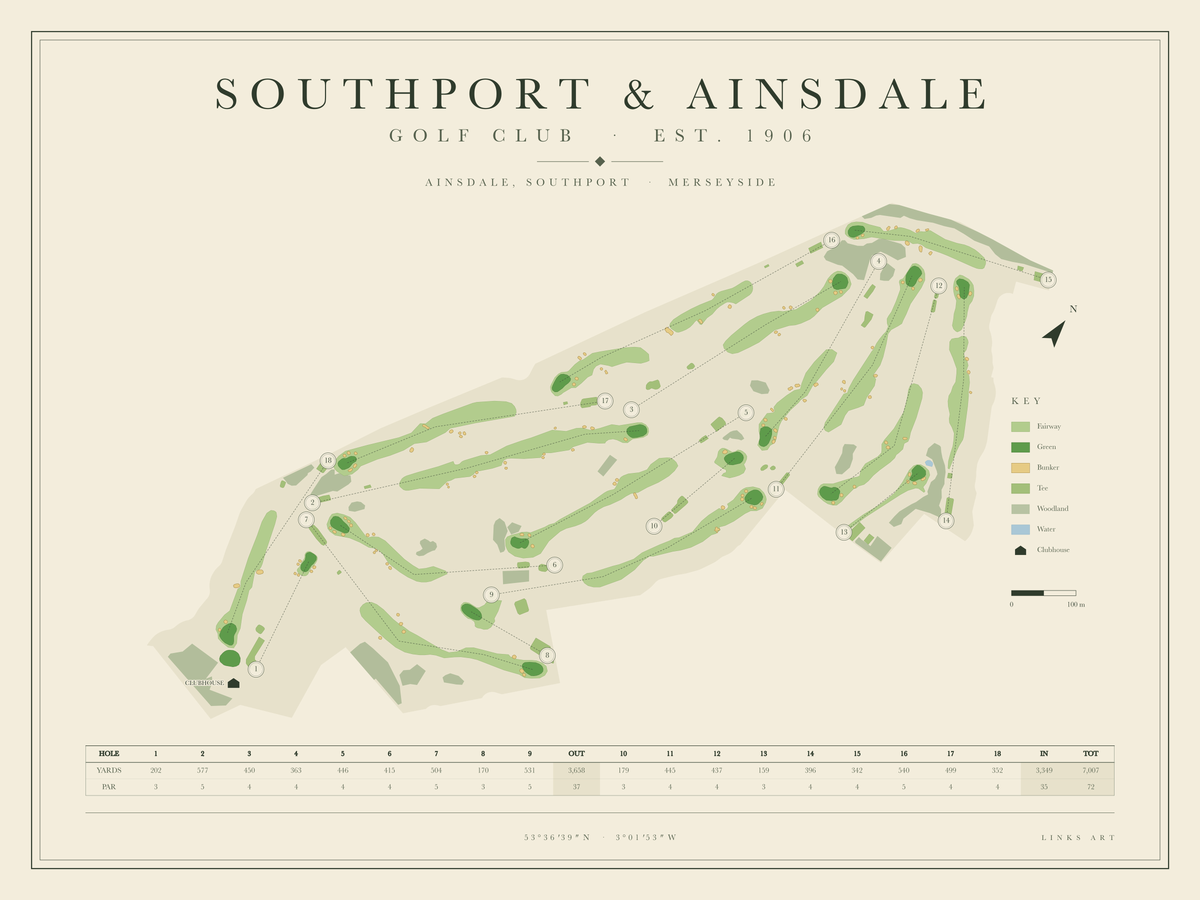 Southport & Ainsdale golf course map poster, landscape
