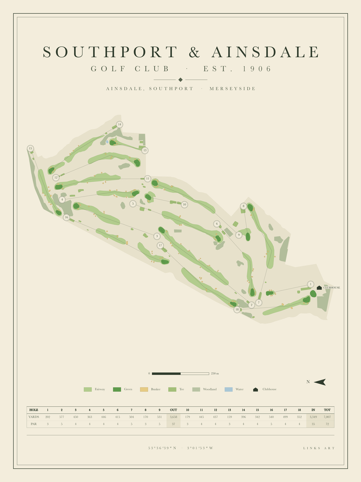 Southport & Ainsdale golf course map poster, portrait