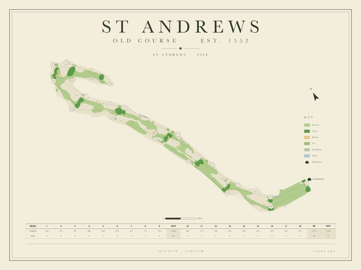 St Andrews Old Course golf course map poster, landscape