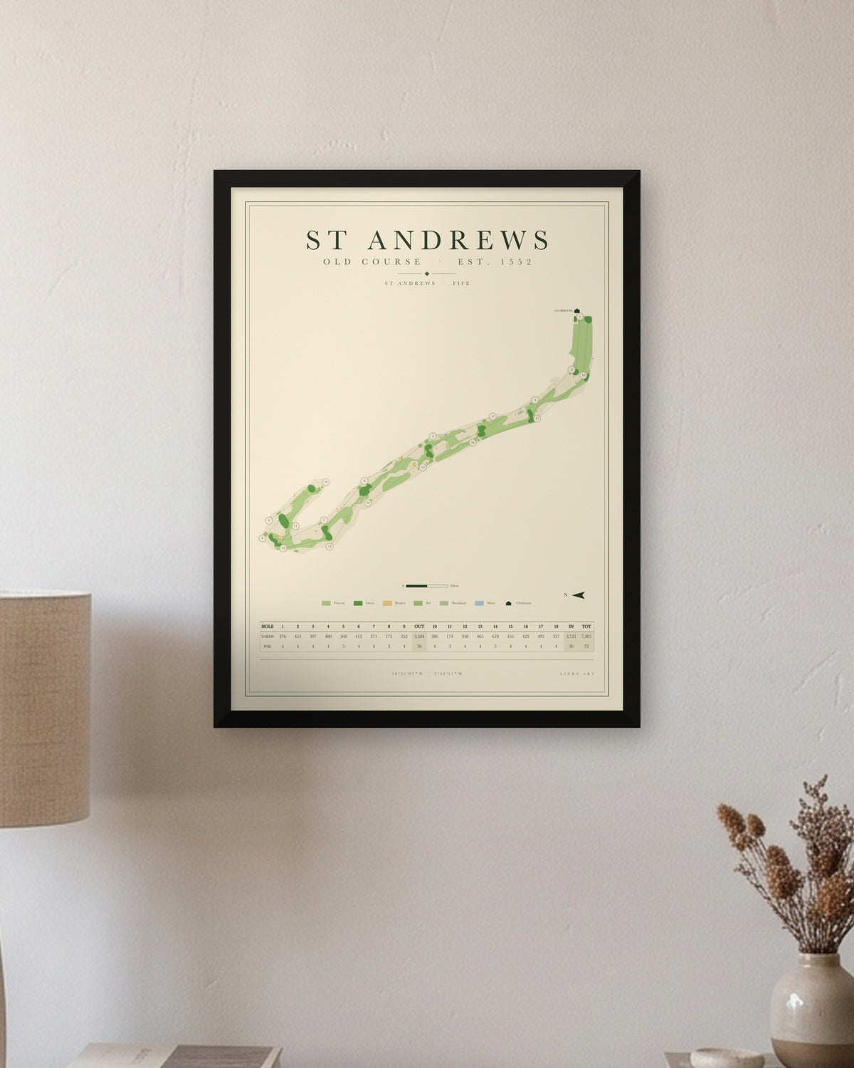 St Andrews Old Course golf course map print in a black frame, hung on a wall