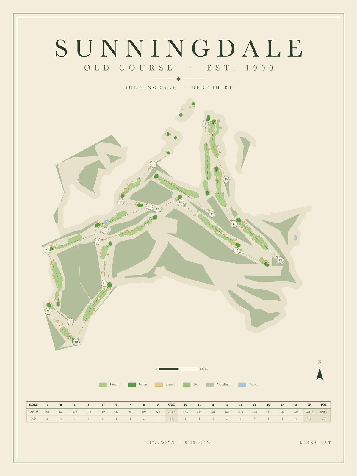 Sunningdale Old Course golf course map poster, portrait