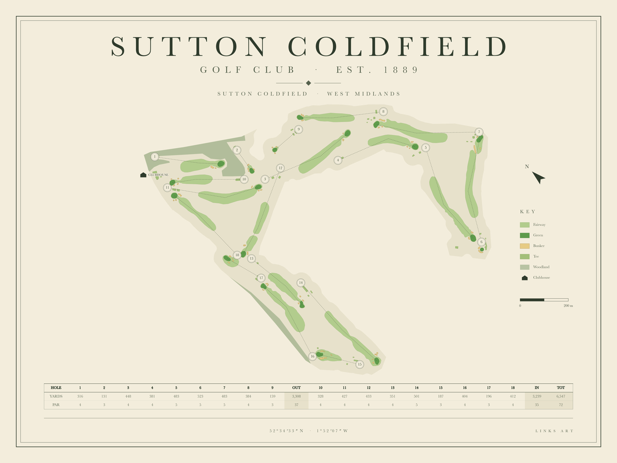Sutton Coldfield golf course map poster, landscape