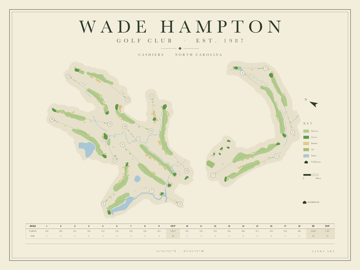 Wade Hampton golf course map poster, landscape