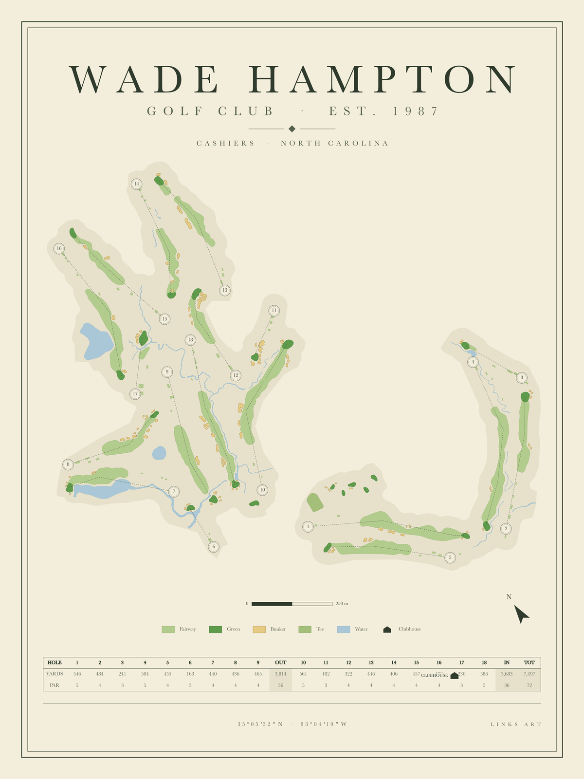 Wade Hampton golf course map poster, portrait