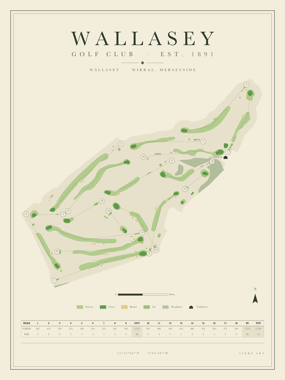 Wallasey golf course map poster, portrait