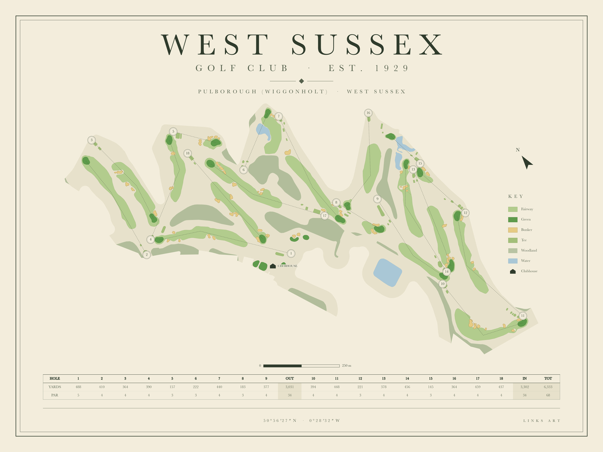 West Sussex golf course map poster, landscape