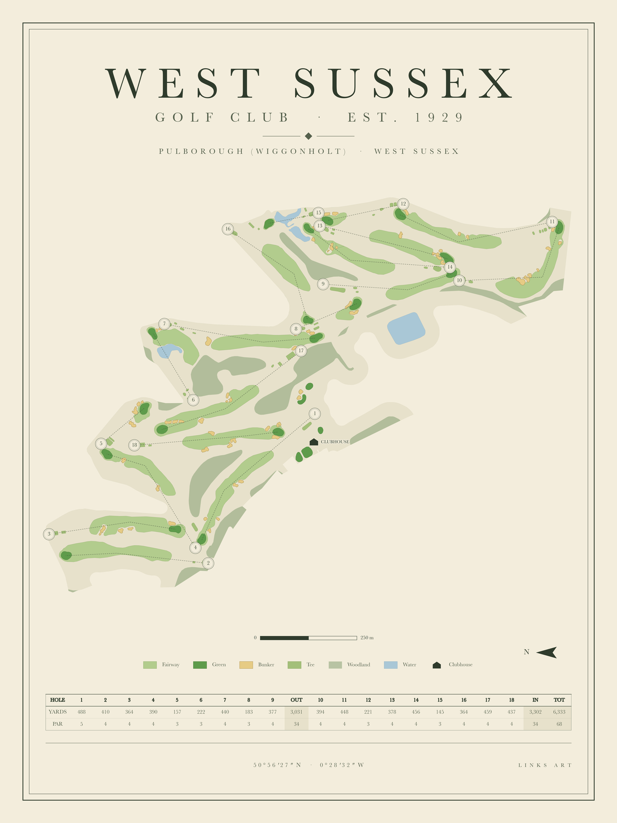 West Sussex golf course map poster, portrait