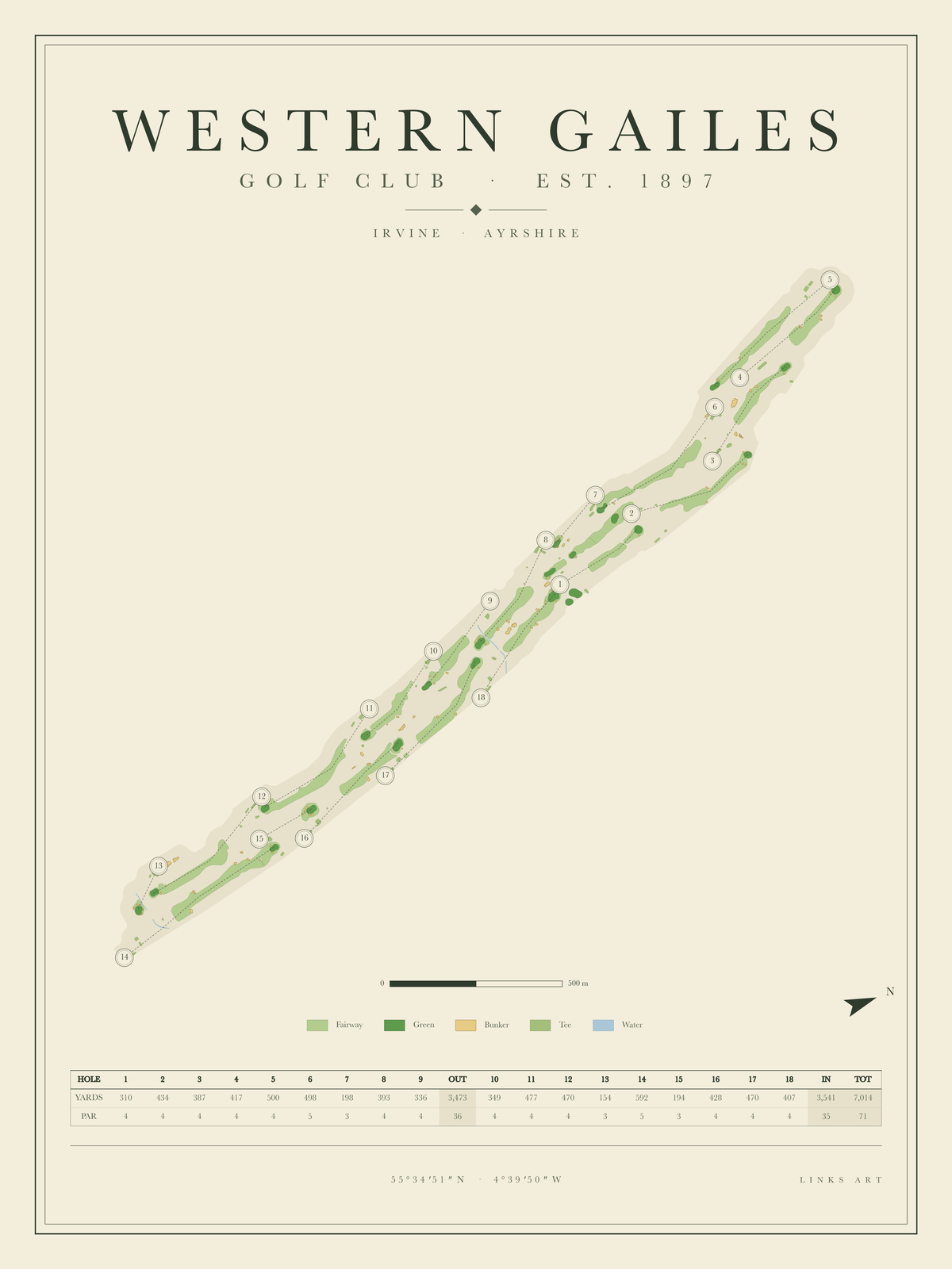 Western Gailes golf course map poster, portrait