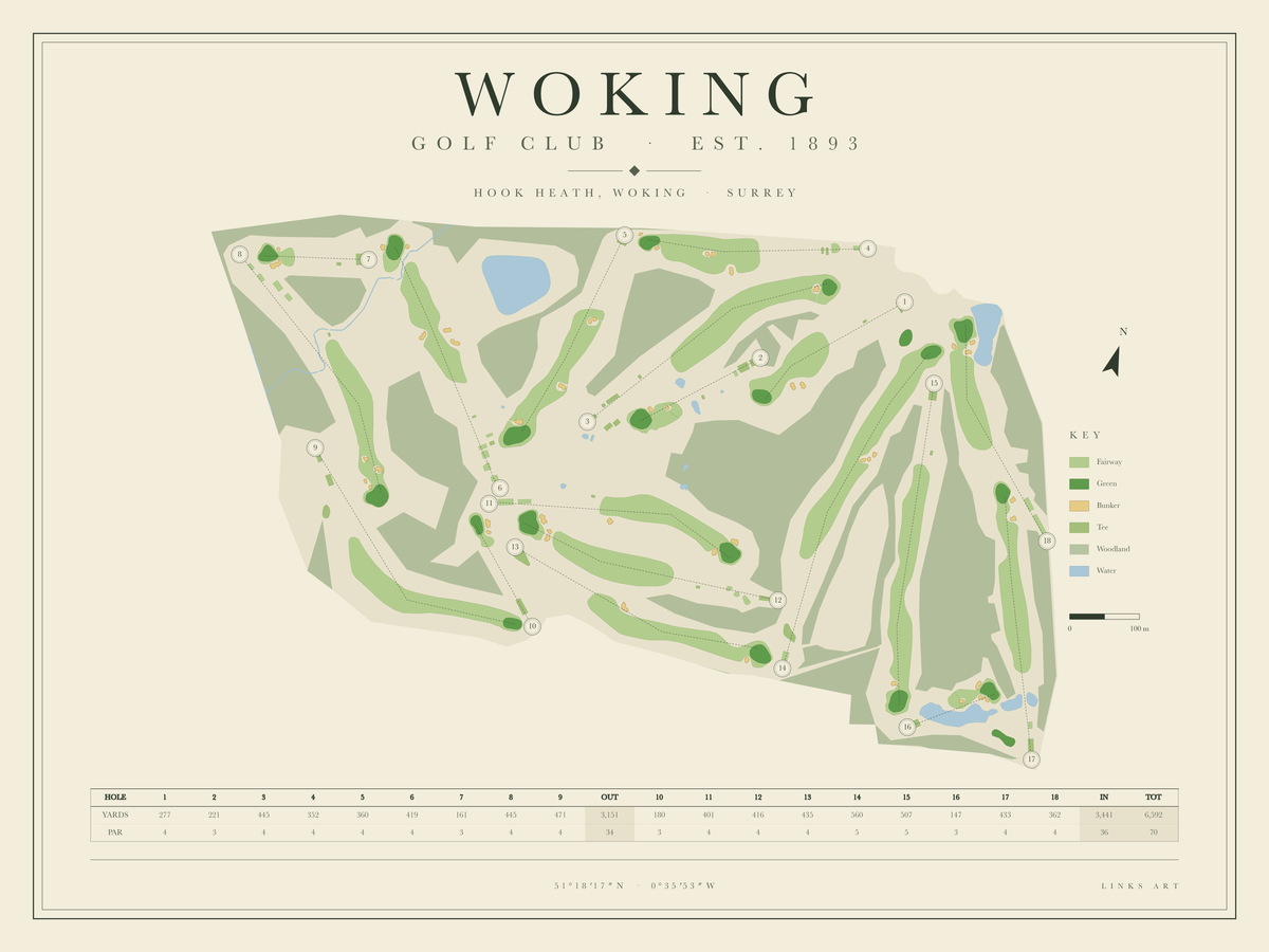 Woking golf course map poster, landscape