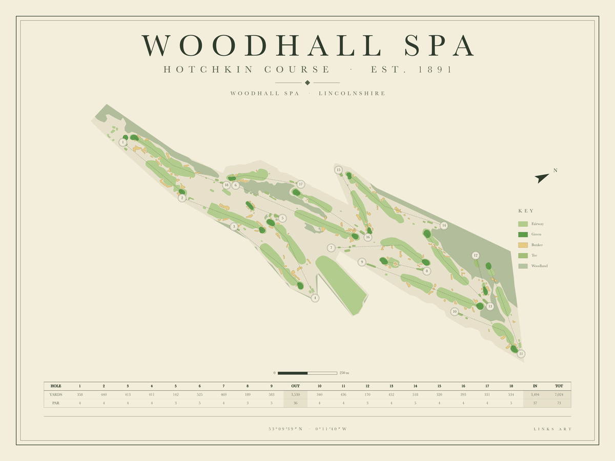Woodhall Spa Hotchkin Course golf course map poster, landscape