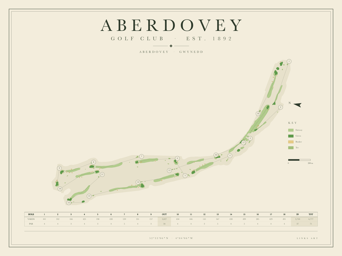 Aberdovey golf course map poster, landscape