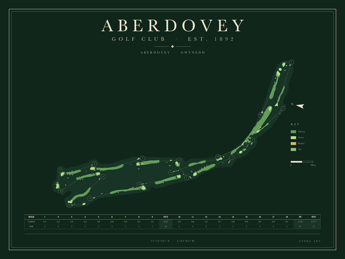 Aberdovey golf course map poster, Fescue, landscape