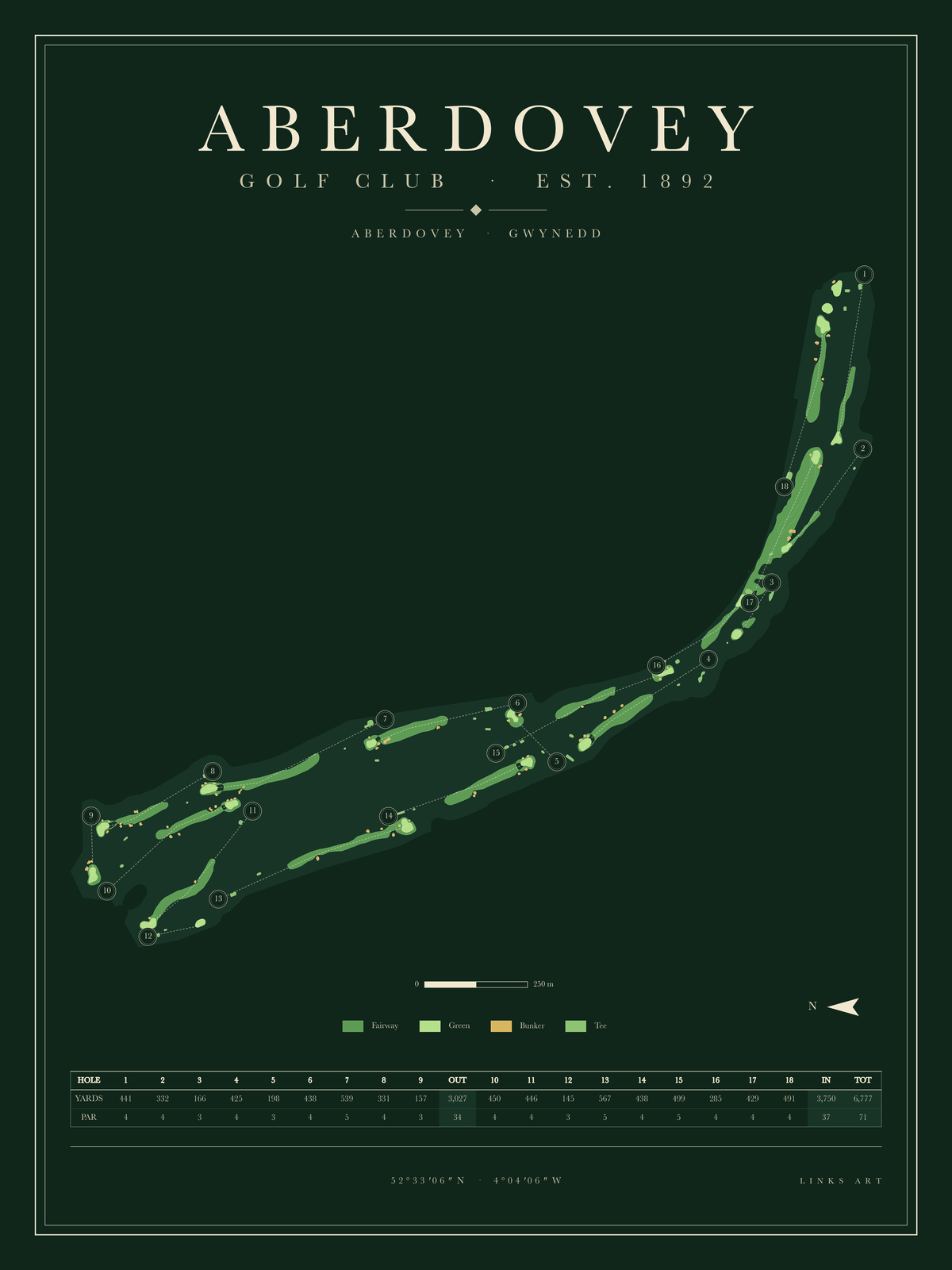 Aberdovey golf course map poster, Fescue, portrait