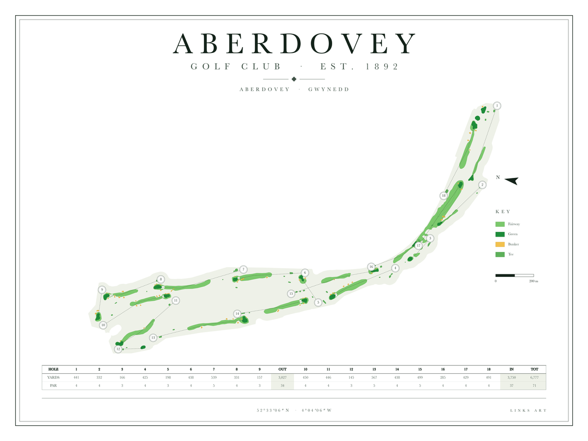 Aberdovey golf course map poster, Chalk, landscape