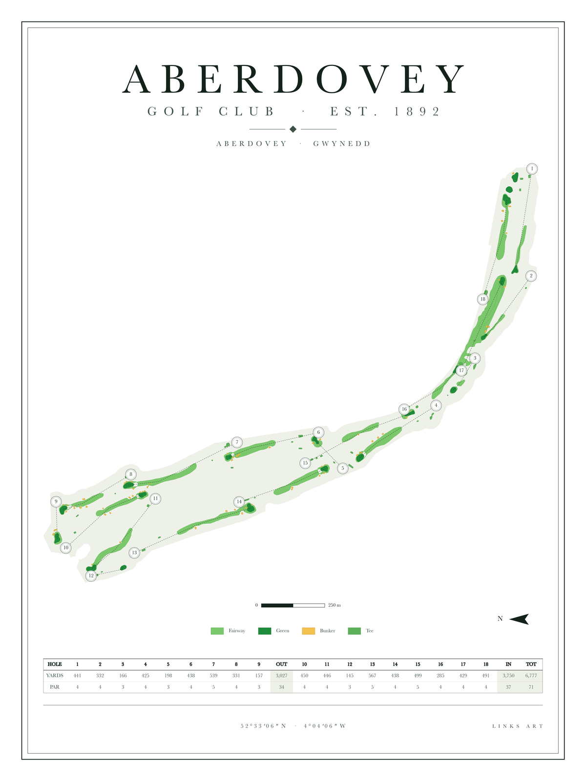 Aberdovey golf course map poster, Chalk, portrait